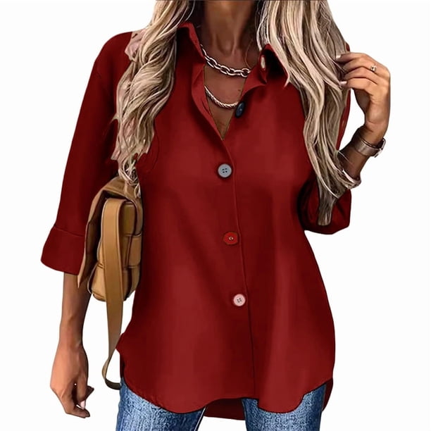 Camisa Informal de Moda para Mujer, con Botones, Cuello , Blusas Holgadas y Regulares, Blusas de Otoño Rojo L