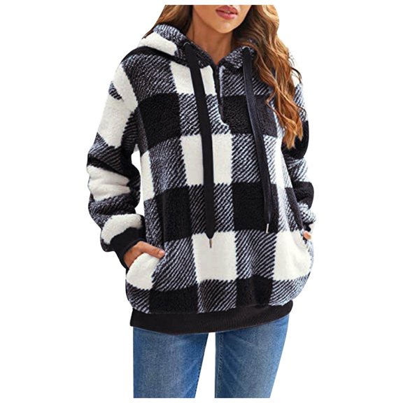 Womens Pullover Oversized Fuzzy Hoodie Double Fleece Sweatshirts Buffalo Plaid Outerwear