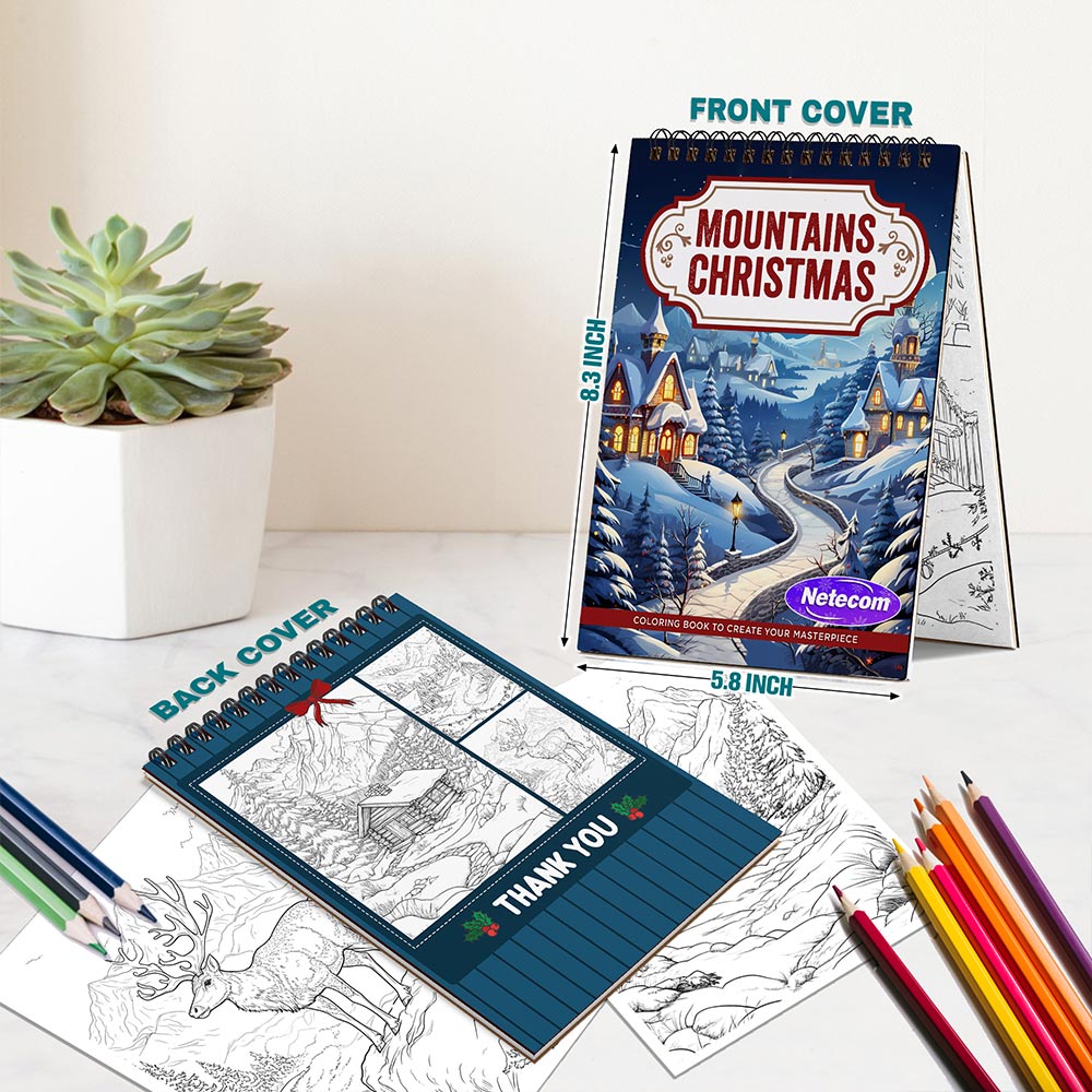 Netecom Mountains Christmas Coloring Book Spiral Bound For Adults, A5 Wooden Cover, 30 Charming Coloring Pages of Wintery Mountains for Stress Relief and Relaxation