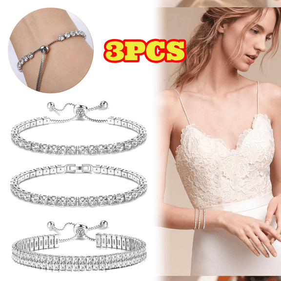 3pcs Silver Plated Tennis Bracelets For Women, Adjustable Stackable CZ Diamond Bracelets Set For Prom Wedding Jewelry Gifts