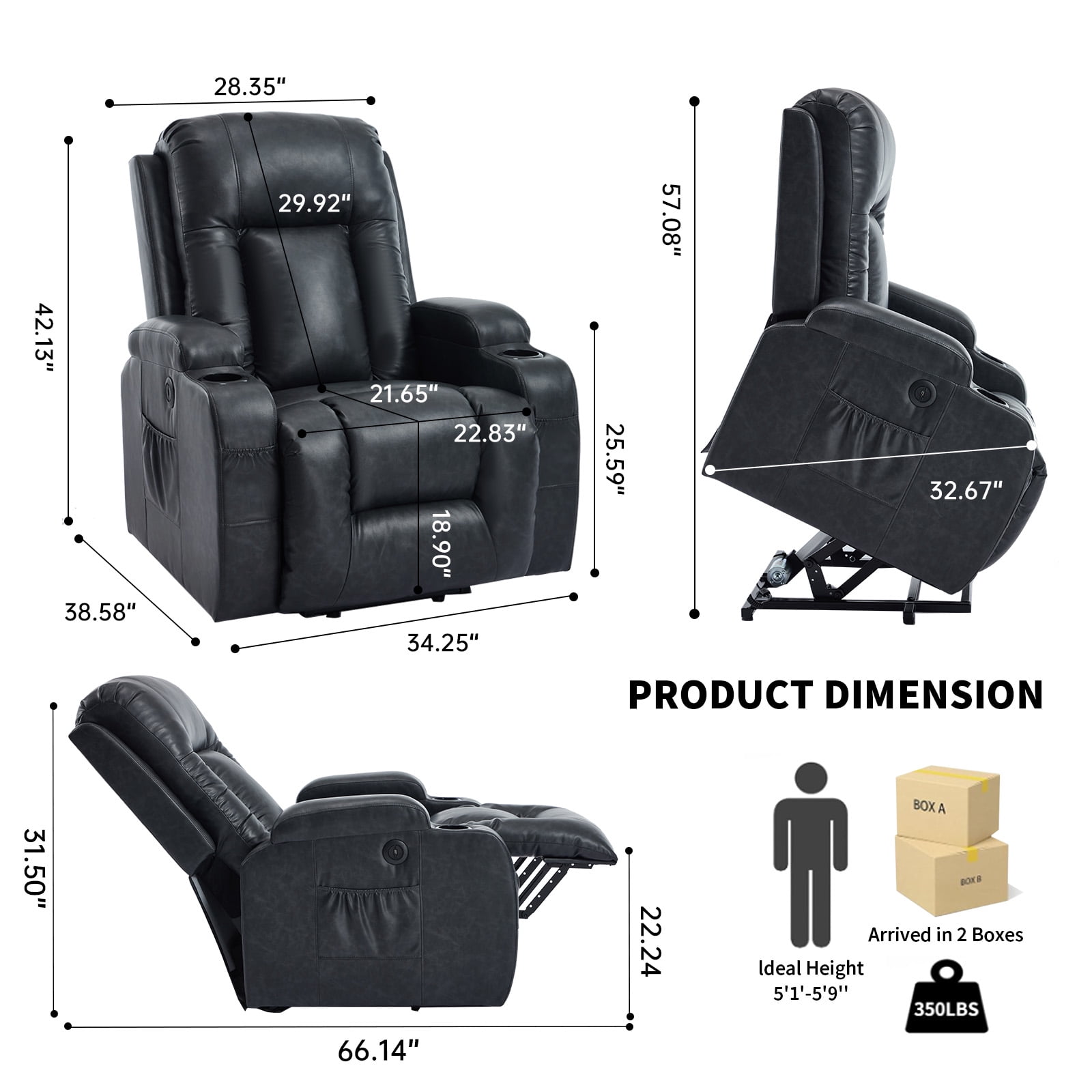 Gewnee Power Lift Recliner Chair,Lift Chair with Heat and Massage,Adjustable PU Leather Recliner with USB,Cup Holders & Side Pockets for Living Room or Bedroom.Gray