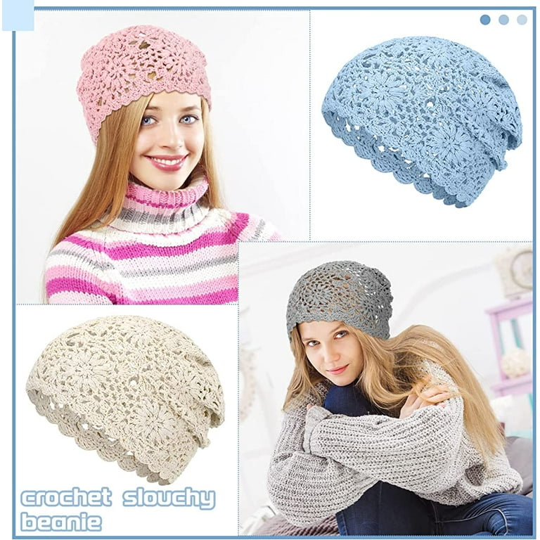Crochet Slouchy Beanie Hat Fall Handmade Knit Floral Skull