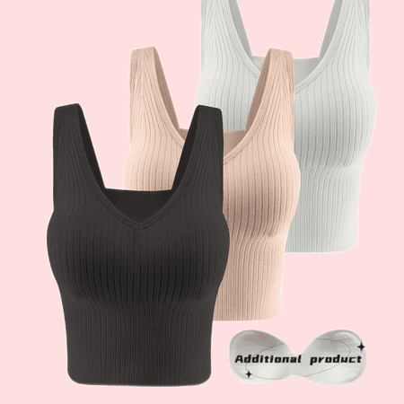 

3pcs Ribbed Tank Top Casual & Comfortable Wireless Vest Bra With Detachable Chest Pads Women‘s Lingerie & Underwear