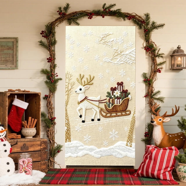 Cortina navideña para puerta | Cortina festiva para puerta con bordado 3D | Decoración festiva para el hogar | Decoración para la puerta principal y el interior para fiestas navideñas