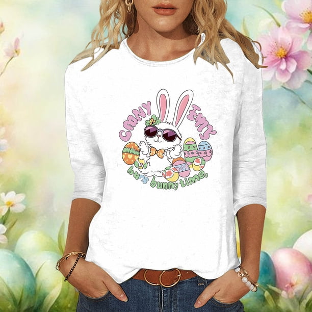 TaTaai Women's Easter Eggs Floral Print 3/4 Sleeve Crew Neck Casual Top Fashion Soft Top for Spring Family Gatherings Office Casual Wear Gift