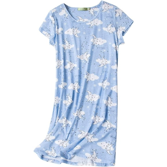 Women's Cotton Nightgown Sleepwear Short Sleeves Shirt Casual Print Sleepdress Blue Moon M