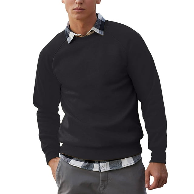 Men's Long Sleeve Shirt, Active Base Layer Top, Solid Color Round Neck Casual Shirt, 100% Polyester for Workout and Daily Wear
