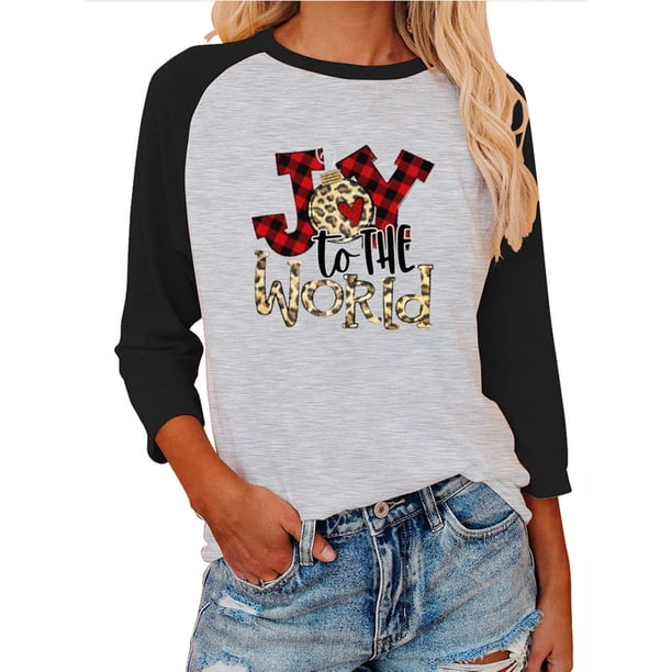 Qarigey Blusas de manga tres cuartos Mujer Impreso 3/4 Camiseta de algodón con manga Casual Blusa diaria Tops, Negro, M Prendas para la parte del cuerpo Negro XXL Qarigey AP003797-05