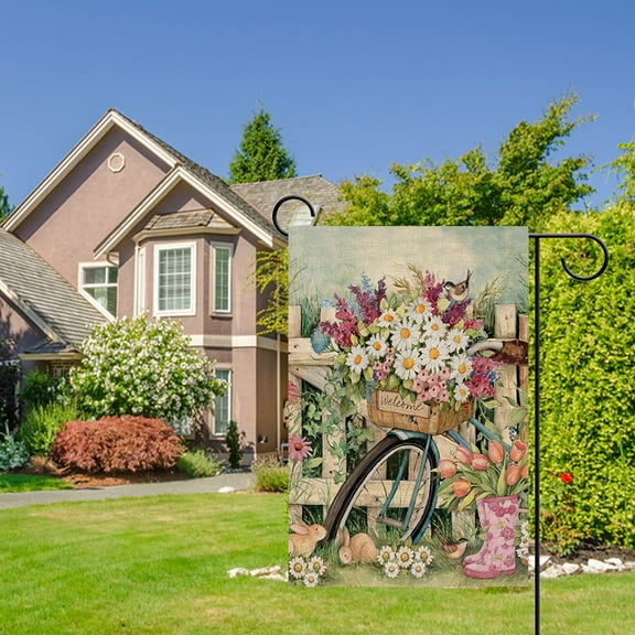 DMERBYL Home Decorative Spring Garden Flag, Flower Bike House Yard Lawn Bird Rabbit Daisy Lavender Tulip Decor, Vintage Outside Welcome Decorations Seasonal Outdoor Burlap Flag Double Sided 12x18