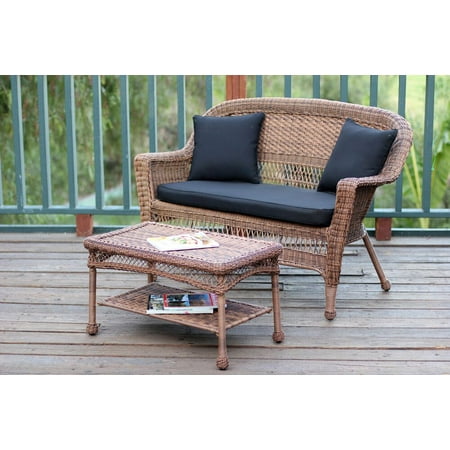 2-Piece Oswald Honey Wicker Patio Loveseat and Coffee Table Set - Black Cushion