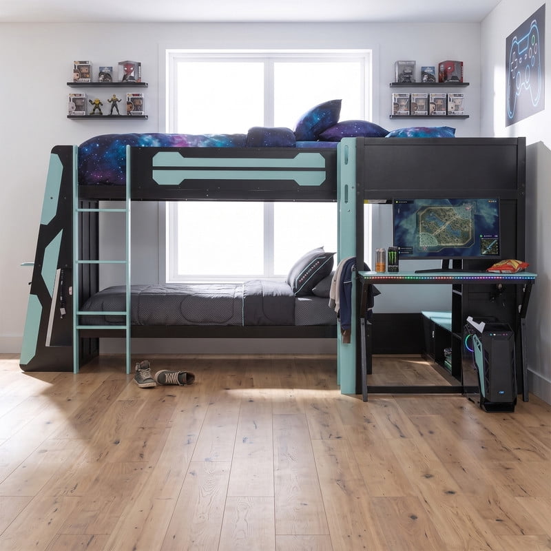 L-Shaped Twin Size Gaming Bunk Bed with RGB LED Lights, 3 Twin Beds, USB Ports, TV Stand & Storage Shelves, Reversible Wooden Bunk Bed Frame for Teens & Adults