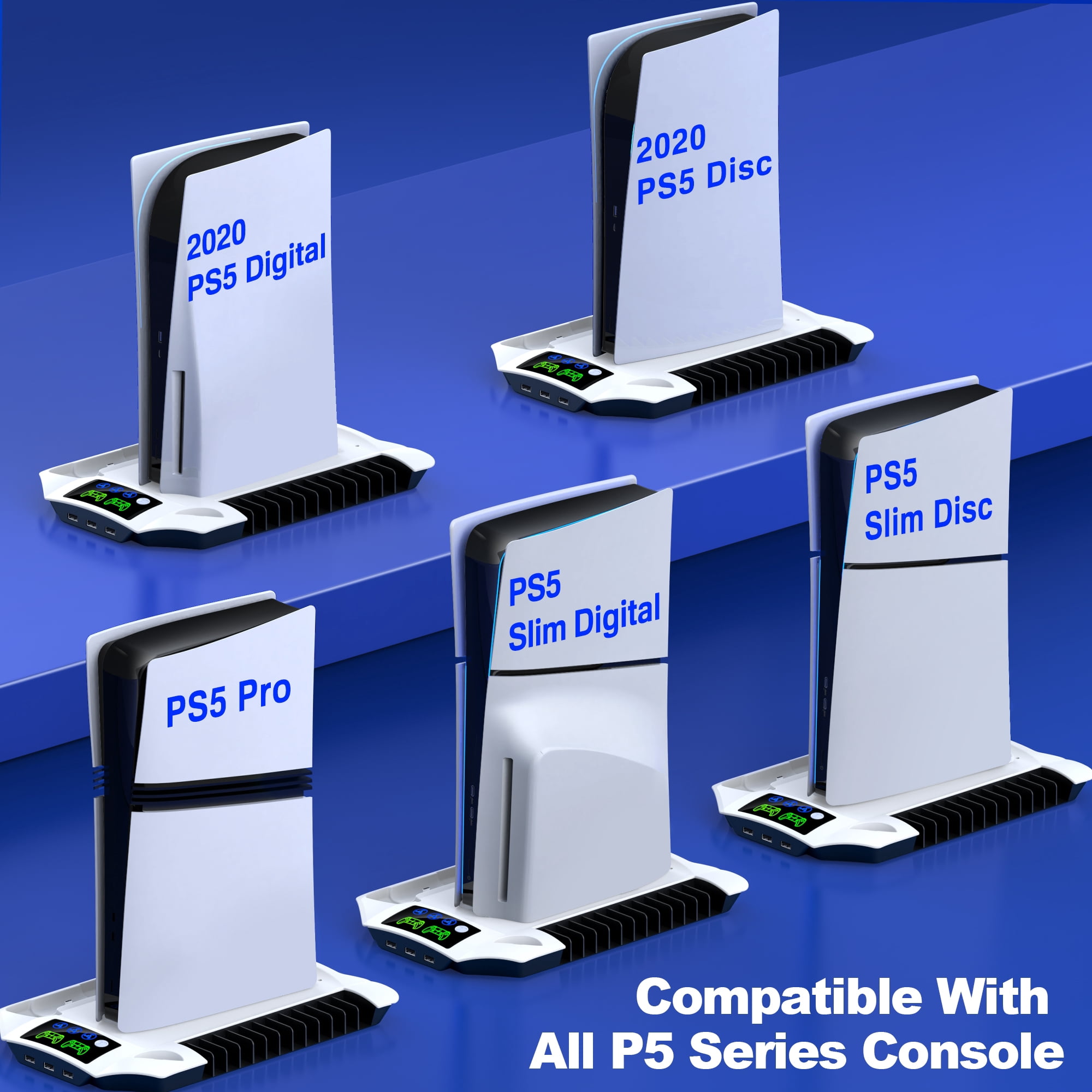 PS5 Cooling Station, QQV P5 Accessories for PS5 Pro, PS5 Slim, Digital & Disc Edition with Controller Charger with 3-Speeds Adjustable,Headset Holder, 11 Games Storage