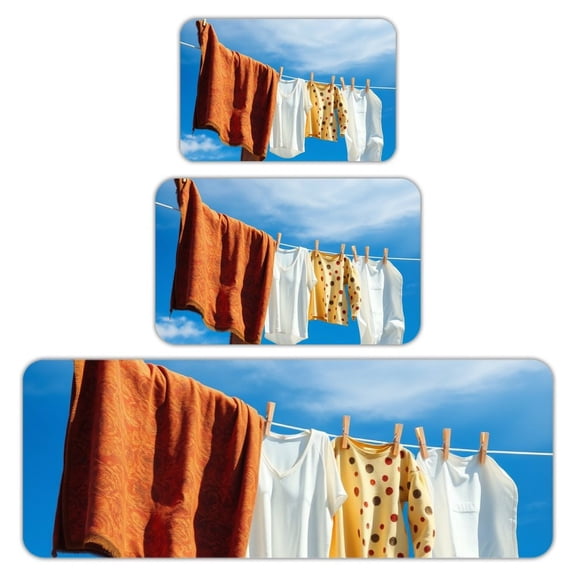 RKSupls Kitchen Rug Set 3 Piece Anti-Slip Flannel Floor Mats, Laundry Clothesline Sky Washable Absorbent Runner Mats for Kitchen Bathroom Home Decor