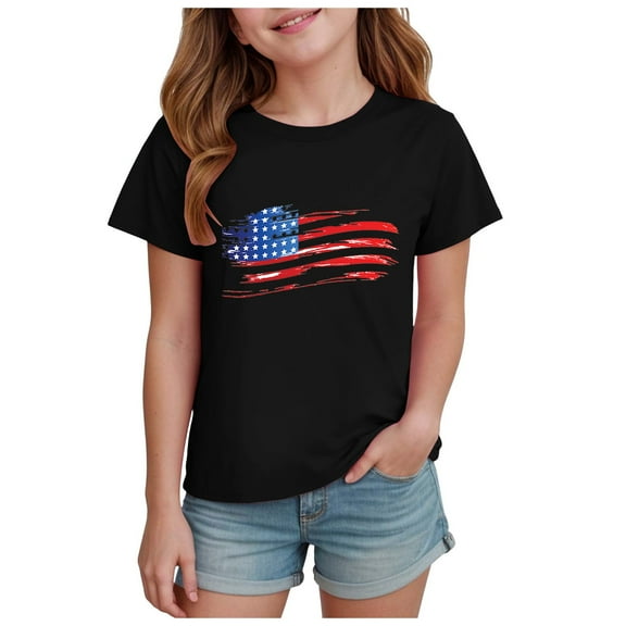 TOWED22 Girls 4th of July Shirts Kids Short Sleeve T-Shirts American Flag Graphic Tees Patriotic Tops(Black,11-12 Y)