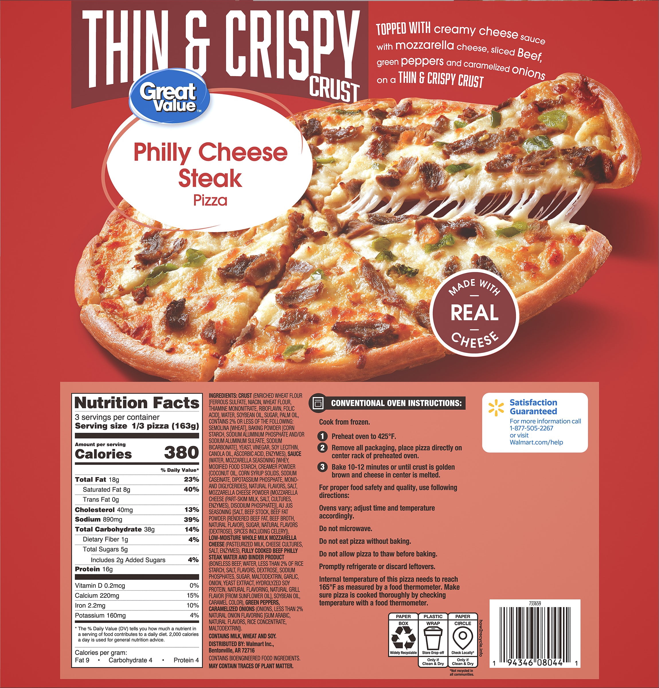 Great Value Thin Crust Philly Cheesesteak Pizza, 17.25 oz (Frozen)