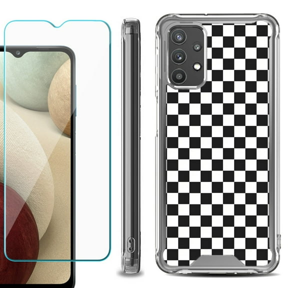 Shockproof Bumper Phone Case for Samsung Galaxy A32 5G, with Tempered Glass Screen Protector, by OneToughShield ® - Checker B/W