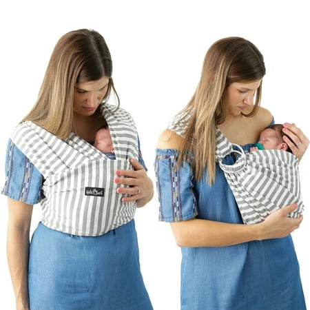 Baby Sling Carrier Reviews - Kids N' Such 4 in 1 Baby Wrap Carrier and Ring Sling - Use as a Postpartum Belt or Nursing Cover - FREE Storage Pouch - Best for Boys or Girls 8-35lbs - Premium Cotton Blend - Grey and White Stripes