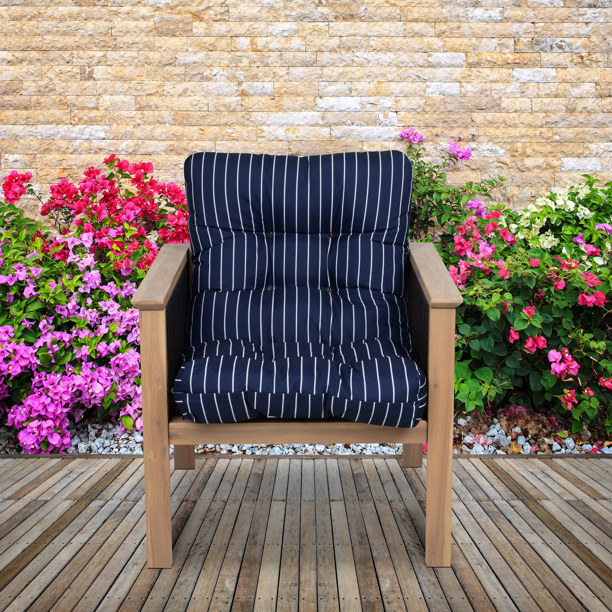 Patio Chair Cushion, Classic Navy, Stripe, 21”W x 19”D (seat) x 22.5”H (back)