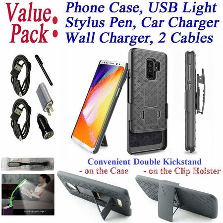 Value Pack + for 6.2" Samsung S9 + PLUS Galaxy S 9 + PLUS Case Holster Phone Case Belt Clip 2 Kickstand Rugged Grip Grids Bumper Cover Black Combo Set