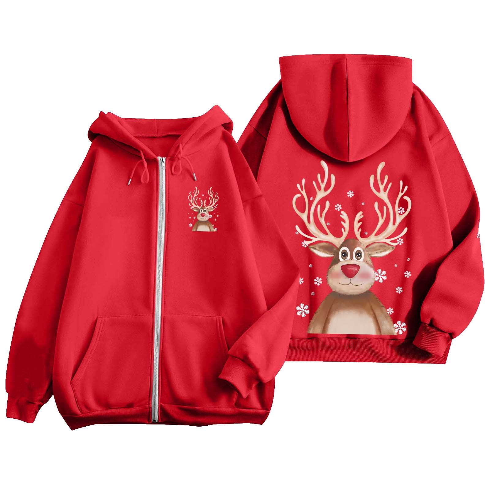 Ugly Christmas Hoodies for Women Zip Up Xmas Graphic Print Fleece Hooded Sweatshirts Funny Holiday Party Casual Jackets