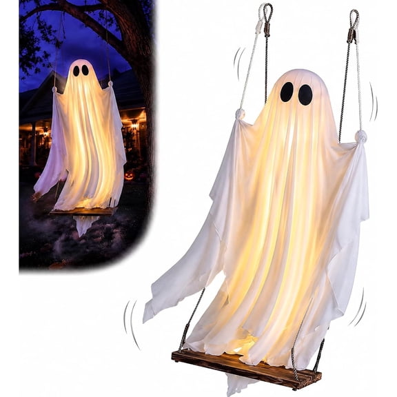 Valora Bella 5FT Hanging Ghost Swing Halloween Decoration - 56.3" Light Up Ghost with Wooden Swing and LED Lights - Spooky Cute Porch Decor for Front Door Patio Tree Yard Halloween Indoor Outdoor