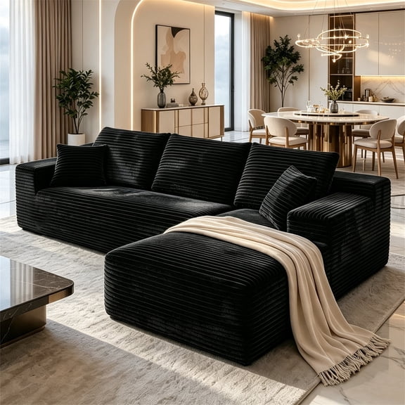Aukfa 108" Cloud Sectional Sofa Deep Seat Boneless Couch Modular L-Shaped Couch, Oversized Right Chaise Corduroy Sofa for Living Room, Black