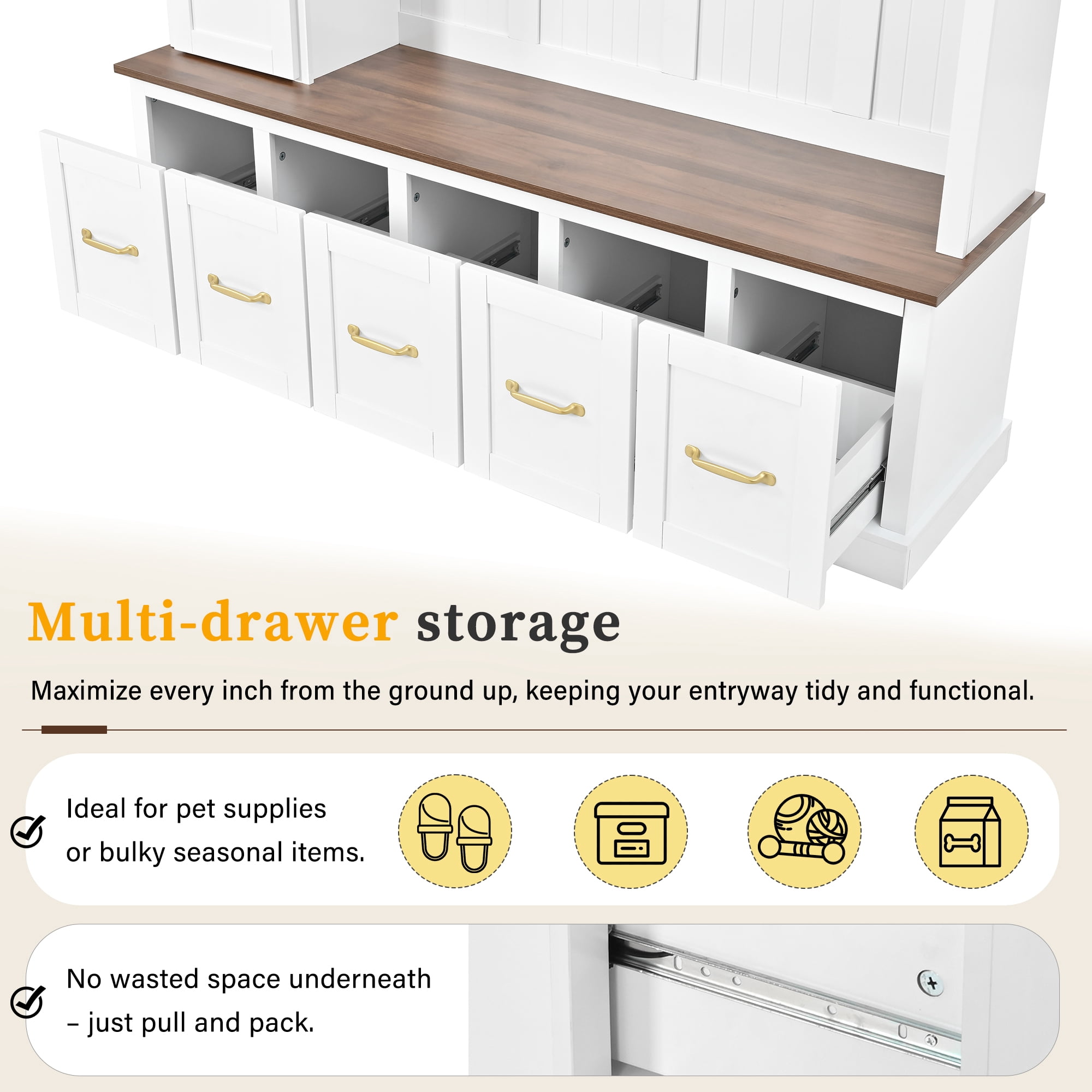 HOQBN 79"H Entryway Hall Tree with 5 Coat Hooks,Shoe Bench & 5 Drawer Storage Cabinet, All-in-One Storage Organizer Coat Rack for Hallway, Living Room,White