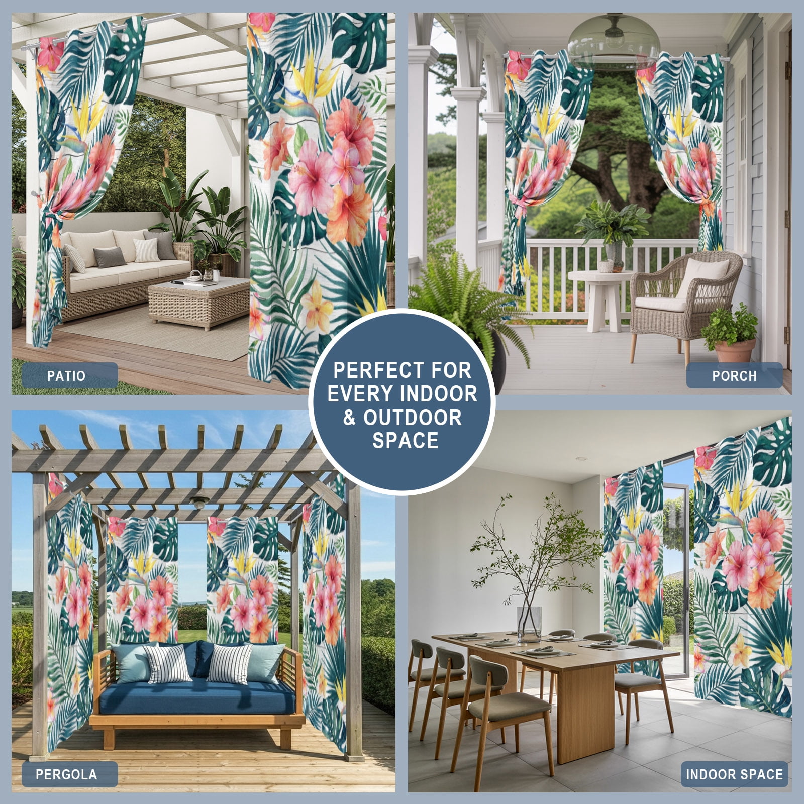 Pink Hibiscus Flower Outdoor Curtains for Patio, Palm Leaf Summer Coastal Tropical Botanical Sunshade Privacy Drapes Grommet Waterproof Outside Curtains for Porch/Cabana/Balcony 54"x 108", 1 Panel