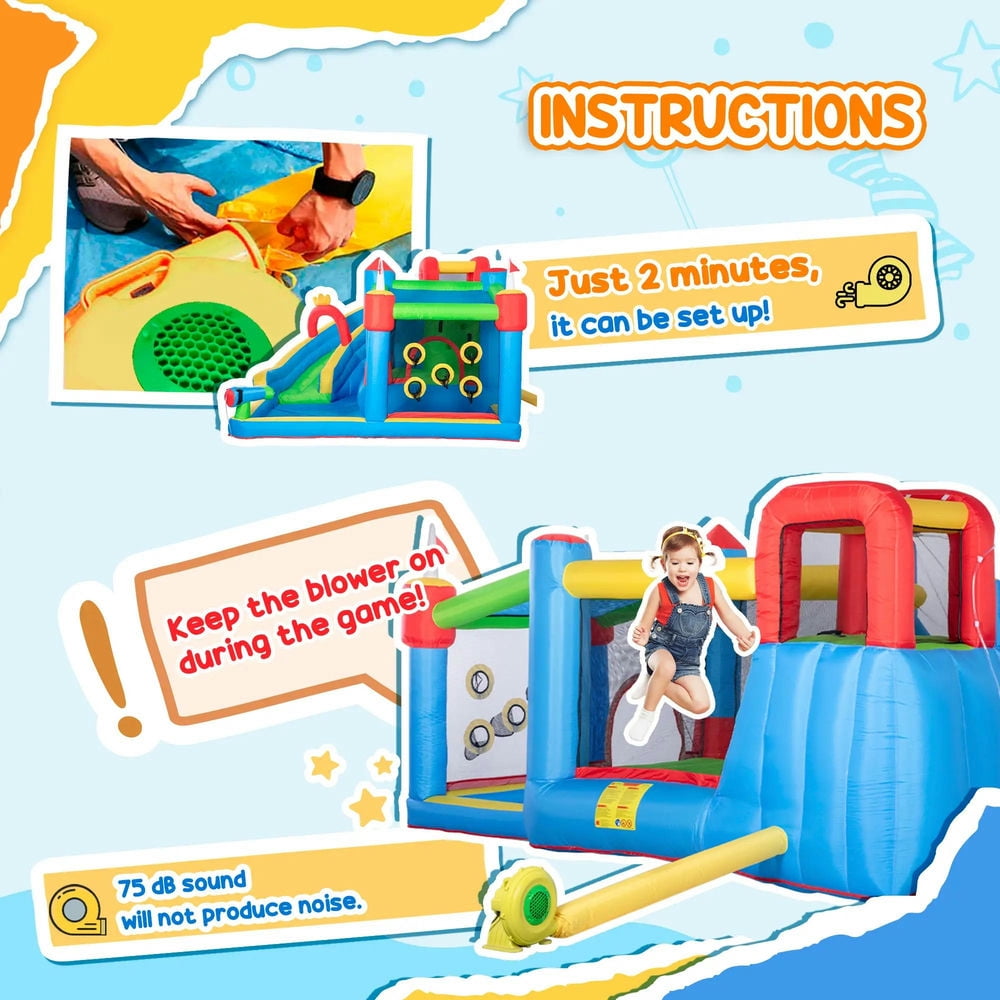 Topcobe 6-in-1 Inflatable Bounce House with Slide, Climbing Wall, Water Cannon, Inflatable Water Slide for Kids with 2 Min. Inflation without Inflator, Kids Bounce House for Kids Backyard Activity