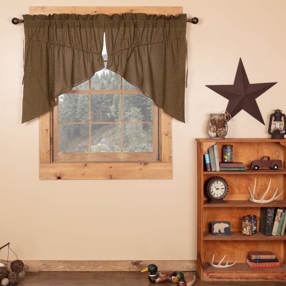Tea Cabin Rustic 36"x36"x18" Green Plaid Prairie Swag Pair Rod Pocket Cotton Drawstring Ties Kitchen Window Curtains