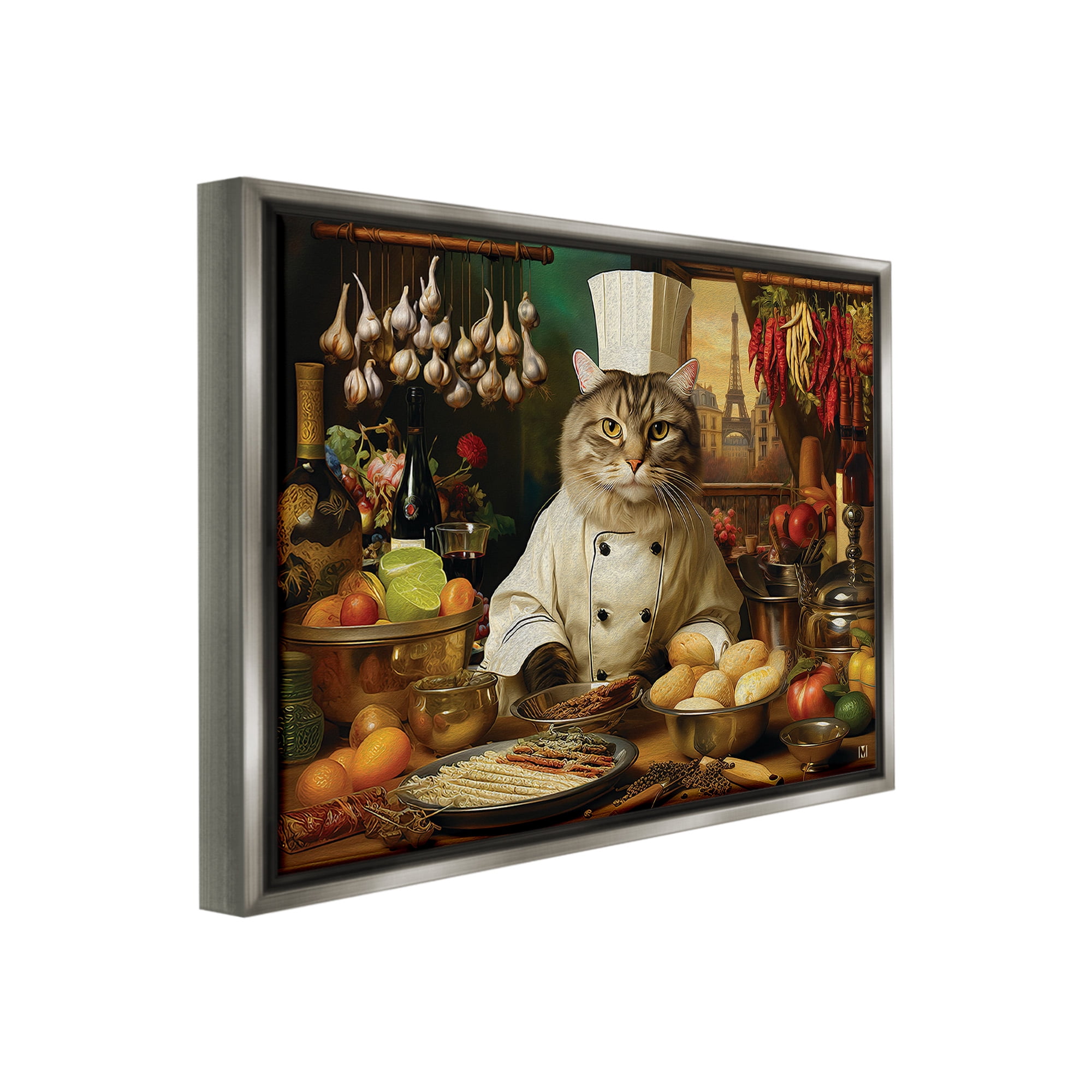Stupell Industries Cat Chef in Kitchen Animals & Insects Painting Gray Floater Framed Canvas Art Print Wall Art, 31 x 25