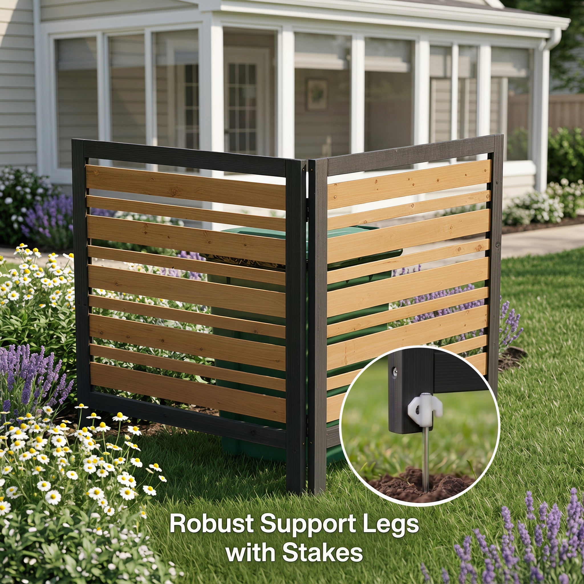 Outdoor Wood Privacy Fence 2-Panel 38W x 42H, Solid Wood Air Conditioner Screen with Slat Spacing for AC Unit Trash Can Pool Pump Enclosure, Black and Gold