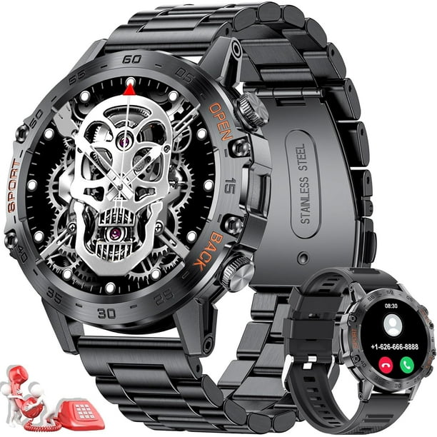 Reloj Inteligente para Hombre con Llamada Bluetooth para Android iOS 400 mAh Sport Smartwatch Hombre 2 Correas de Acero Negras para Reloj Inteligente para Hombre Monitor de Ritmo cardiaco y Salud JM