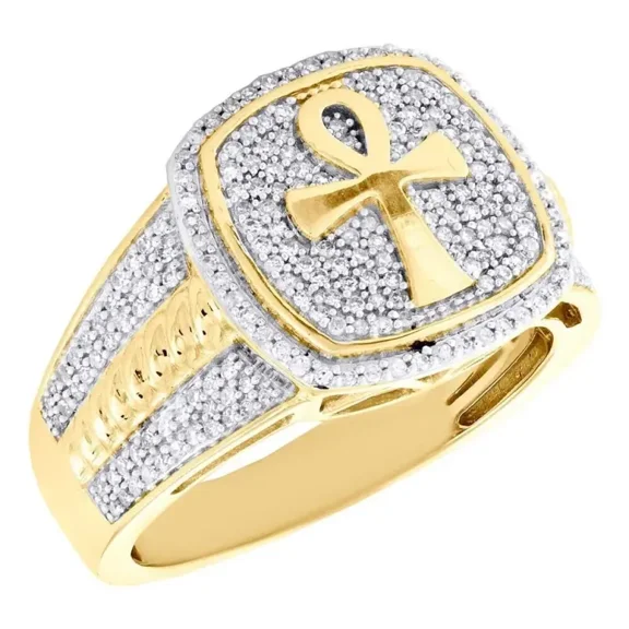 Aishvi Jewels 1.80 Ct Round Cut Moissanite Men Ankh Cross Engagement Ring 14k Yellow Gold Plated
