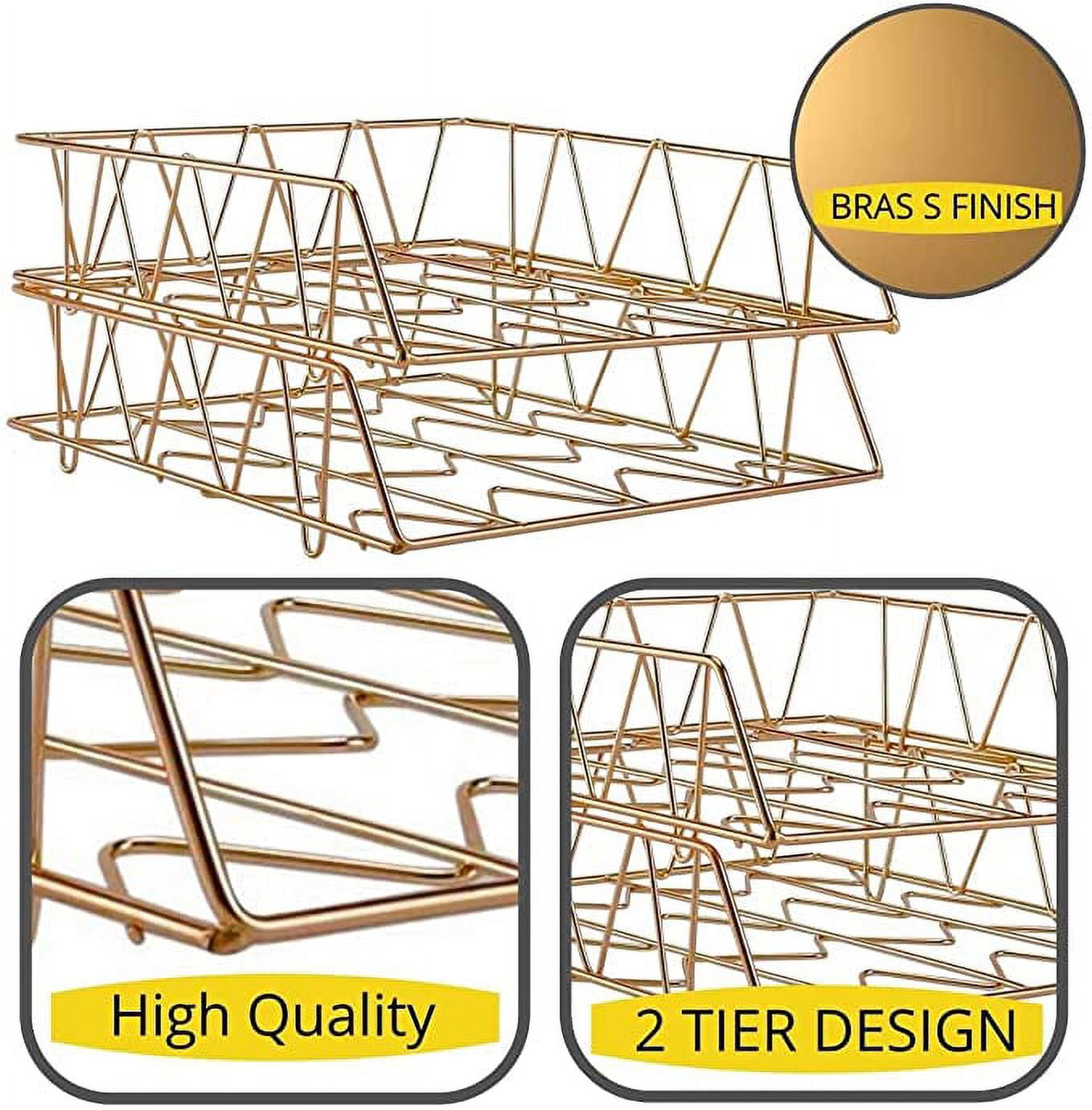 2 Pack of Gold Stackable Wire Desk Trays with Brass Finish, Paper Tray Organizer for Desk, Multifunctional File Document Holder and Storage for Office Desktop Organization and Accessories
