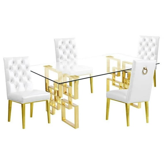 Rectangular Clear Glass 5pc Dining Set with Gold Stainless Steel Base