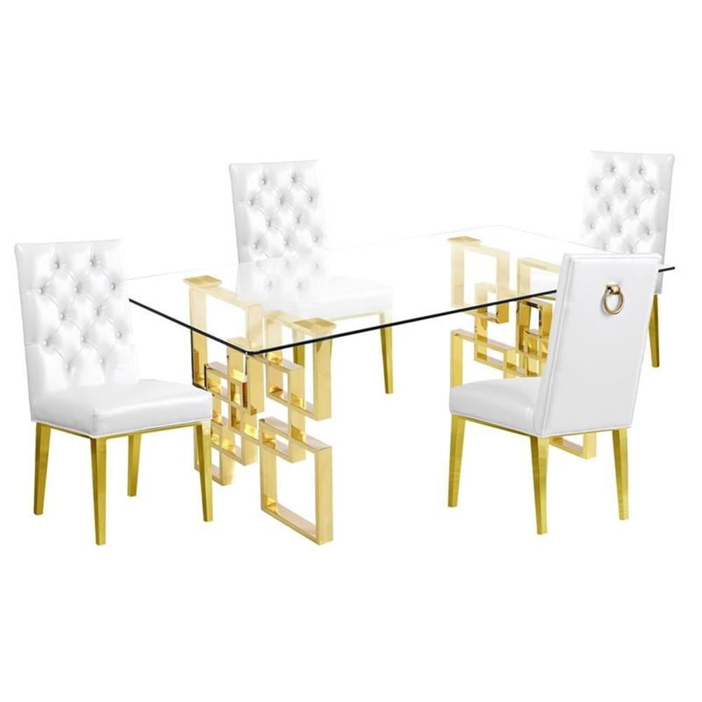 Rectangular Clear Glass 5pc Dining Set with Gold Stainless Steel Base