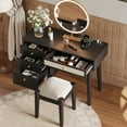 thumbnail image 3 of 39" Modern Bohemian Style Wooden Makeup Vanity Desk with Stool, Charging Plugs and USB Ports, Retro Dressing Table with 3 Storage Drawers and 1 Rattan Drawer for Bedroom, Dressing Room (Black), 3 of 14