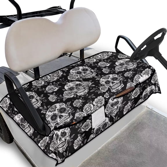 Yuyamidu Skull Golf Cart Seat Covers Rose Club Car Seat Towel Blanket with Pockets, Fits Club Car More 2 Person Seats Golf Carts, Black