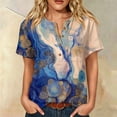 thumbnail image 2 of Women's Artistic Floral & Abstract Print Henley Top - Short Sleeve Button Down Tunic Blouse with Pocket, Loose Fit Casual V-Neck Shirt for Summer Blue M, 2 of 9