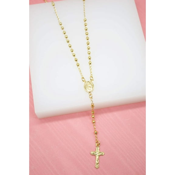 Catholic Gold Bead Rosary With Crucifix And Milagros Charm (XX6)
