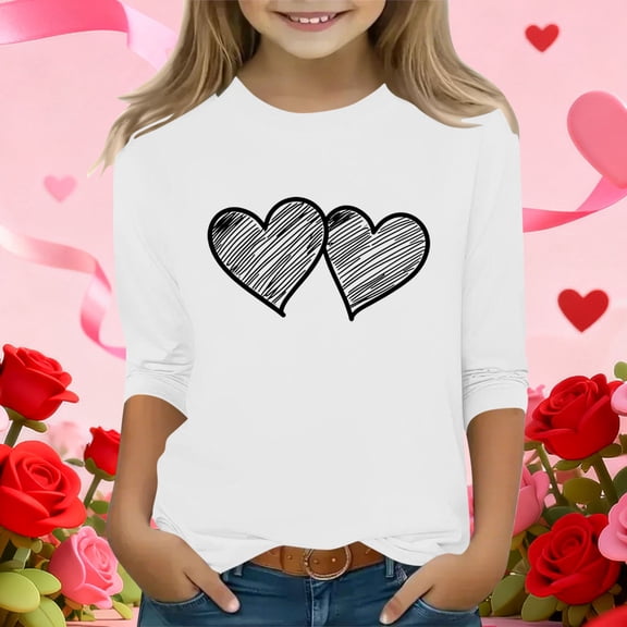White Girls Casual Shirt - Double Heart Print 3/4 Sleeve Crewneck Cold Shoulder Relaxed Fit Polyester Spandex Top for Girls Ages 4-12,Size 12-13T