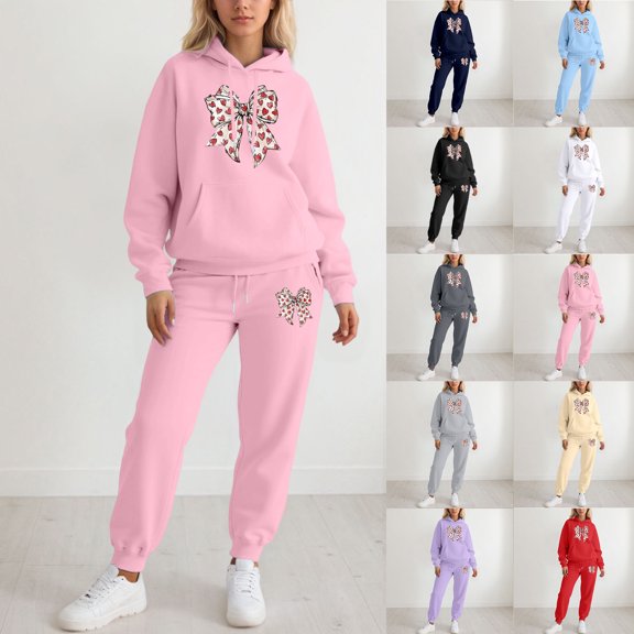 Kcolen Valentine's Day Sweatsuits Womens 2 Piece Outfit Funny Cute Bow Graphic Hoodies And Jogger Pant Set Athletic Tracksuits Grey