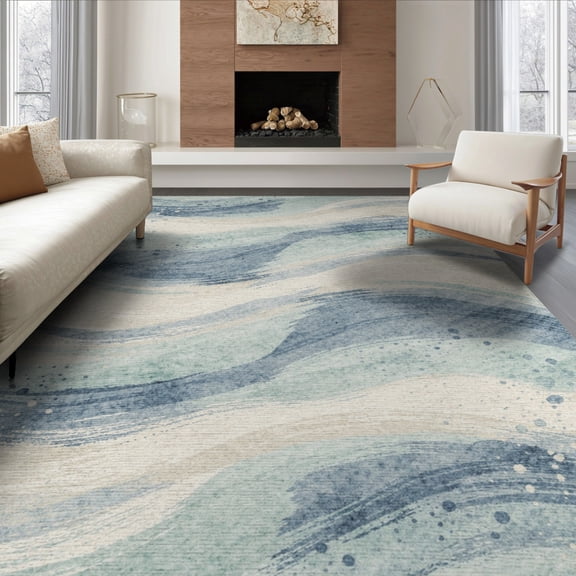 ODIKA 8'x10' Washable Area Rug Durable, Non-Slip Neutral Grey Ocean Inspired Gradient Flowing Shapes Beige Plush for Living Room, Under Sectional, Family
