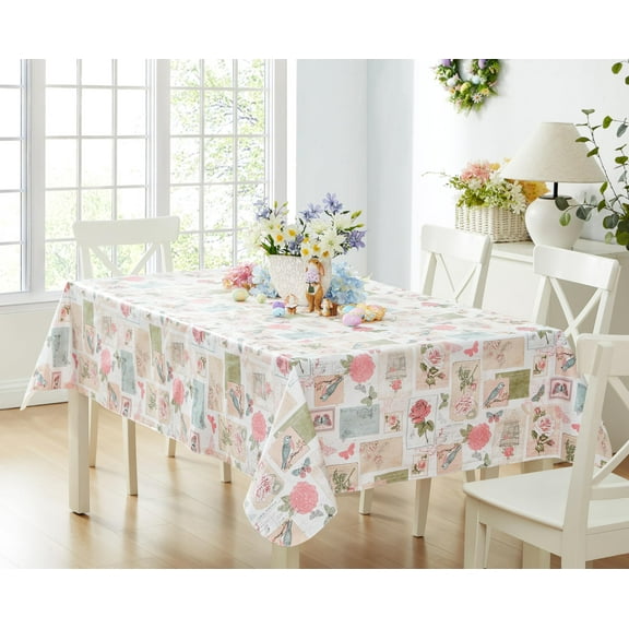 Newbridge Bella Rose Floral and Bird Postcard Print 52 x 52 inch Square Vinyl Flannel Backed Tablecloth