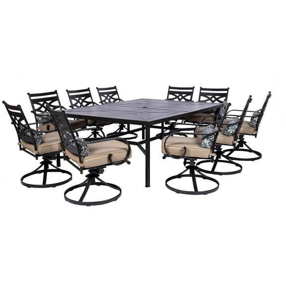 Hanover 11 Piece Steel Outdoor Patio Dining Set, Black/Tan