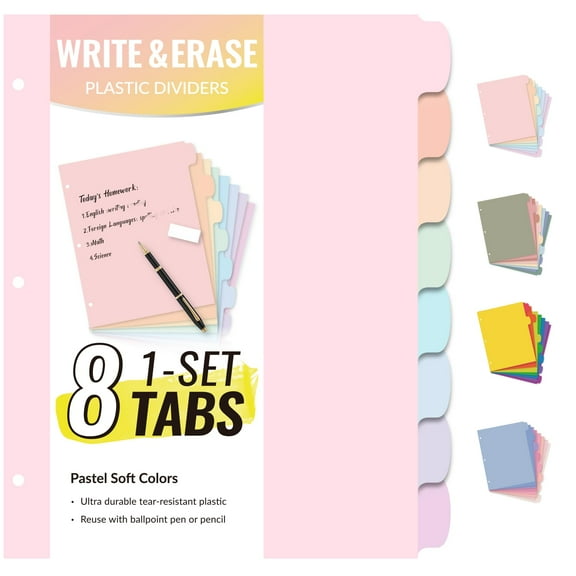 Plastic Binder Dividers with Tabs, 8 Tabs Write and Erase Dividers for 3 Ring Binder, Pastel Aesthetic Organizers for Office Home, Multicolor