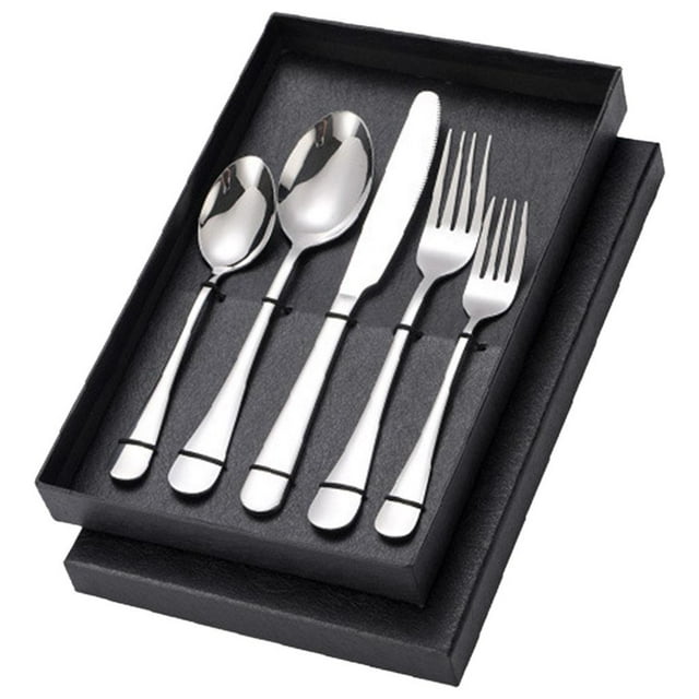 Juego de cubiertos portátiles de acero inoxidable de 5 piezas, reutilizables, tipo tenedor y cuchara, ligeros. Plata