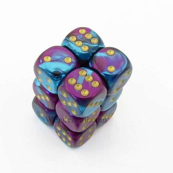 Purple and Teal Gemini Dice with Gold Pips D6 16mm (5/8in) Pack of 12 Chessex