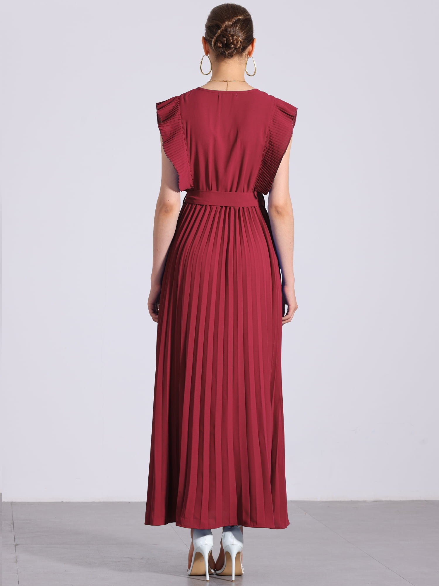 DARING DIVA Maxi Ruffled Sleeve V Neck Pleated Dress 2XL Red